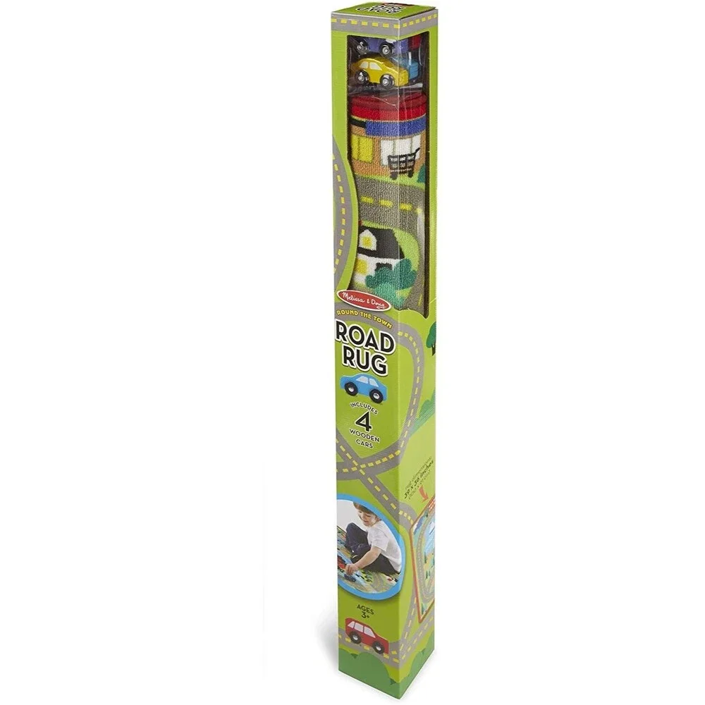 Melissa & Doug Round the Town Road Activity Rug w/ 4 Wood Cars 39x36